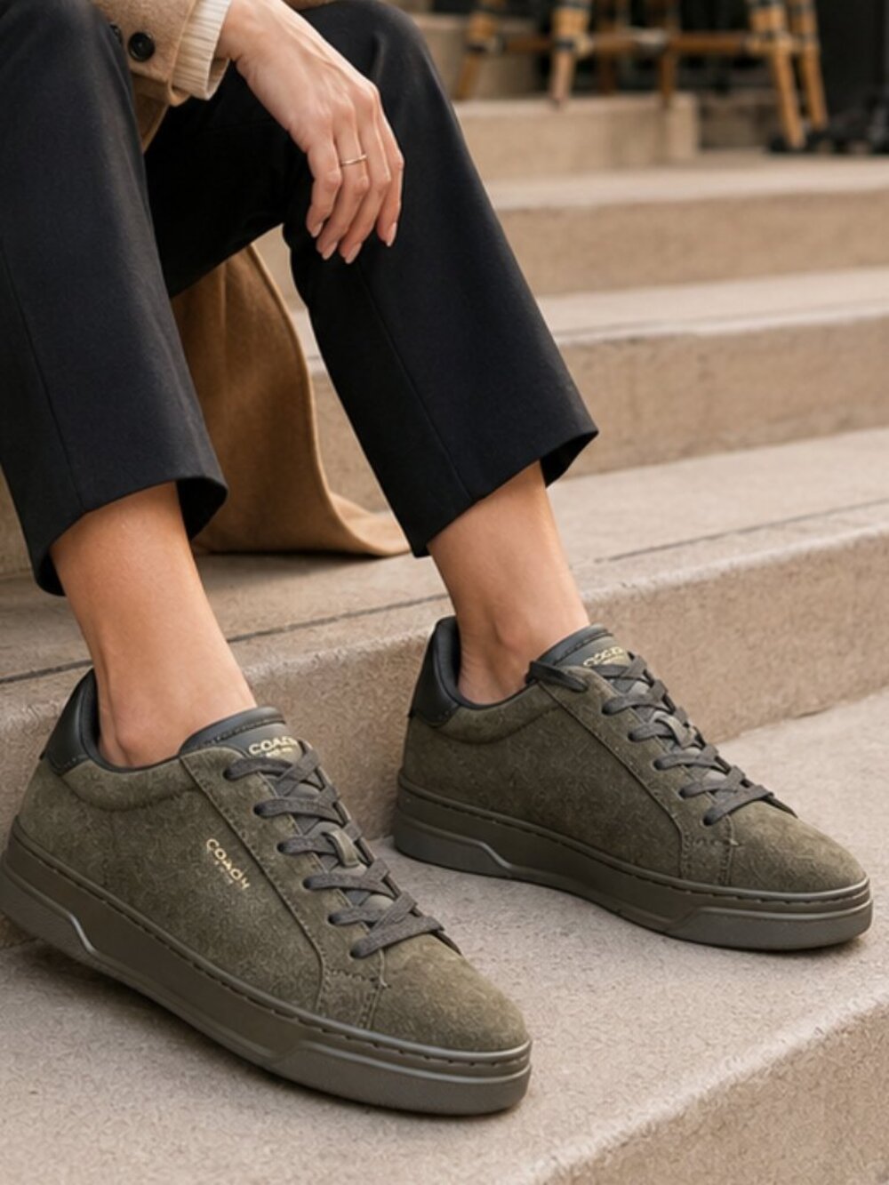 Coach High Line Suede Leather Sneakers Olive Lace Up Shoes Women's Size 5 NWB